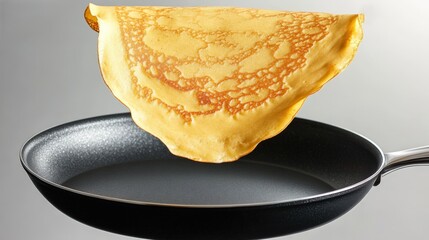 Golden flat crepe flipping in a frying pan during a cooking demonstration