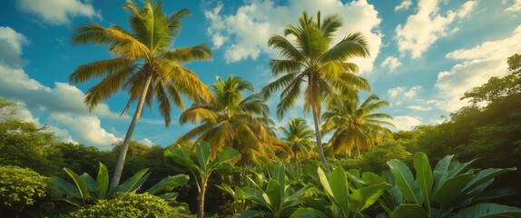 Tropical landscape with tall coconut palm trees against a blue sky and fluffy clouds surrounded by lush green vegetation Copy Space