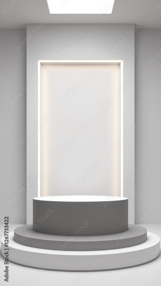 Poster Silver Pedestal of platform display with neon modern stand podium on white room background. Blank Exhibition stage backdrop or empty product shelf. 3D rendering