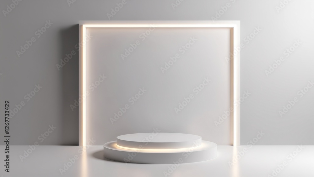 Aufkleber Silver Pedestal of platform display with neon modern stand podium on white room background. Blank Exhibition stage backdrop or empty product shelf. 3D rendering