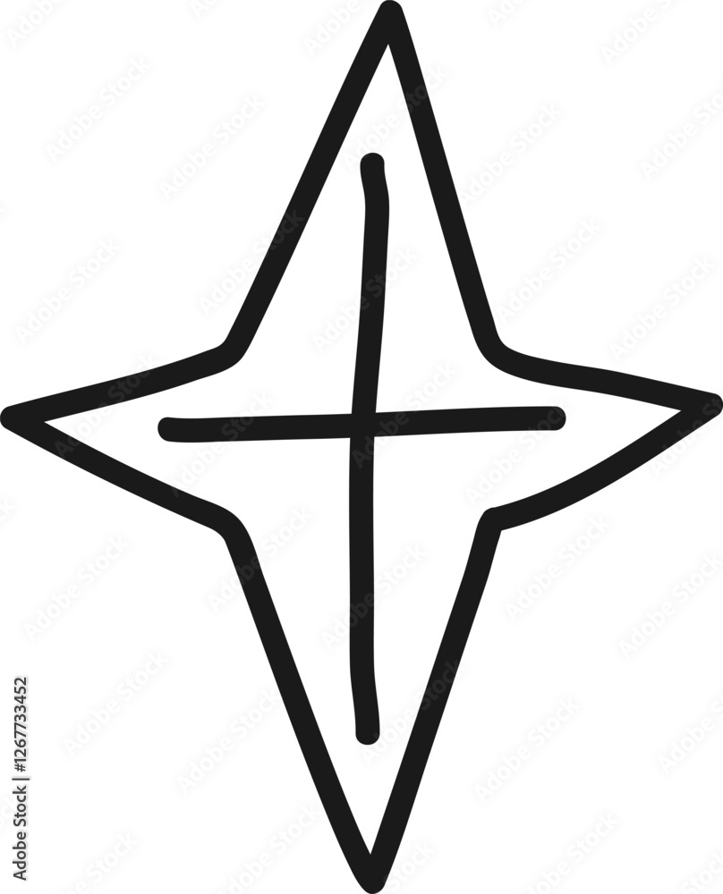 Poster minimalist line art representing abstract four pointed star intersected by cross, creating simple ge