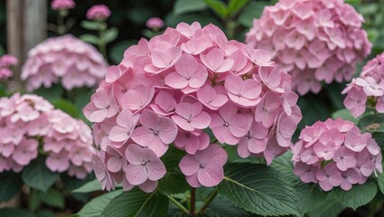 Pink hydrangea flowers in garden setting with lush green leaves and soft focus background creating a natural botanical composition Copy Space