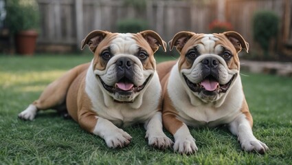 Obraz premium Two adorable bulldogs lying together on green grass in a backyard setting with smiles, natural light and soft focus background, Copy Space.