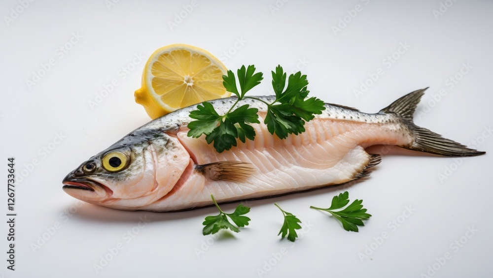 Poster fresh fish fillet with lemon slices and parsley on a white background with copy space for text