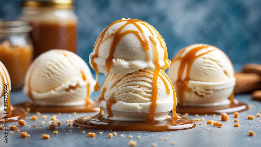 Poster vanilla ice cream scoops drizzled with caramel sauce on a blue background with scattered cookie crum
