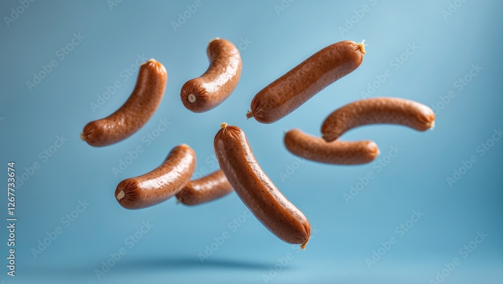 Poster floating sausages on a blue background with soft shadows showcasing motion and texture in a food pho