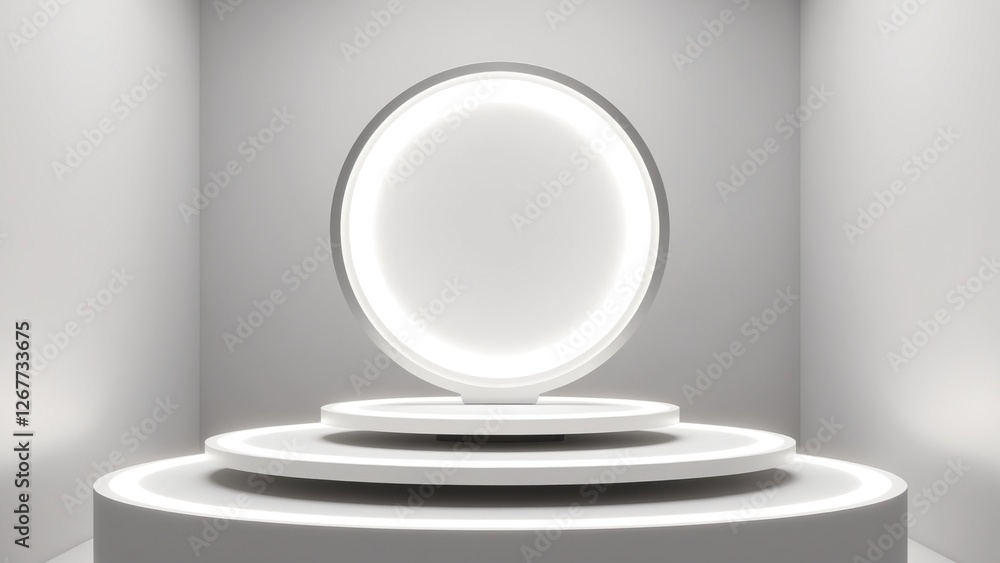 Poster Silver Pedestal of platform display with neon modern stand podium on white room background. Blank Exhibition stage backdrop or empty product shelf. 3D rendering