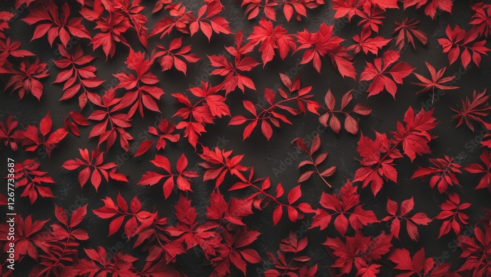 Poster red autumn leaves arranged on a dark background natural pattern with ample copy space for text