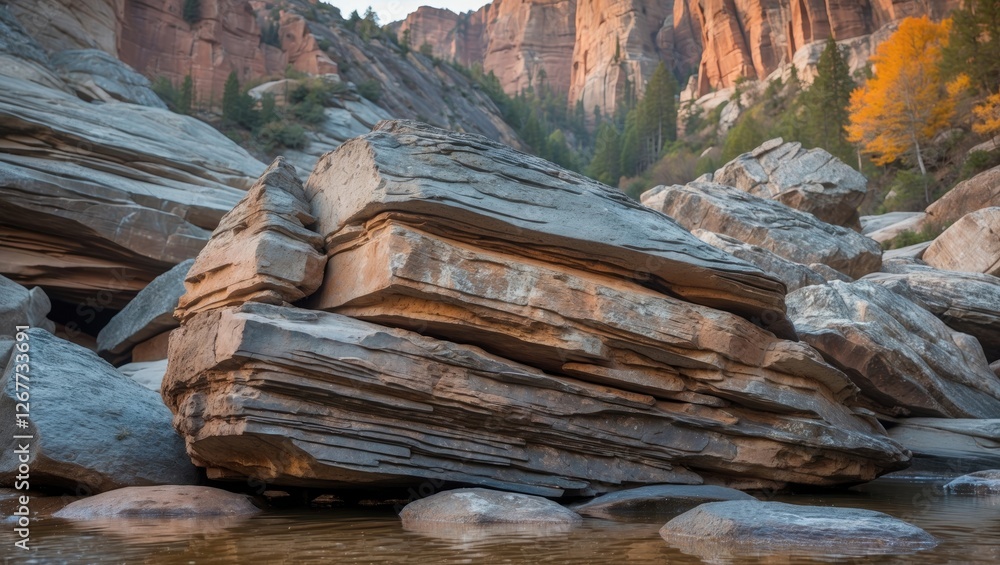 Poster Rock formation with layered texture in a riverbed surrounded by cliffs and trees during autumn Copy Space