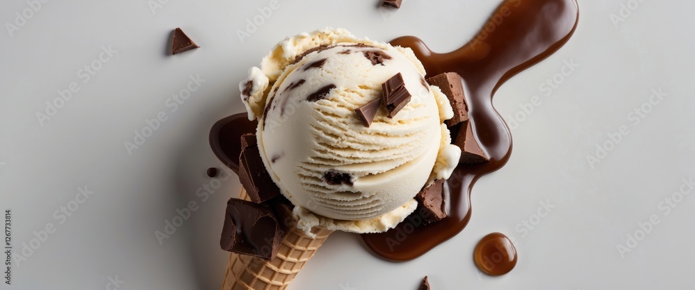 Poster ice cream cone with chocolate chunks and melted chocolate sauce on a plain background copy space
