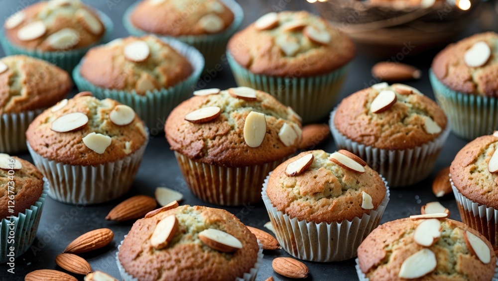 Poster almond muffins arranged on a dark surface with scattered almonds in foreground and soft lighting in 