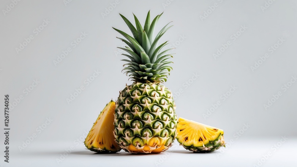 Poster fresh pineapple with sliced pieces on a neutral background displaying texture and color copy space