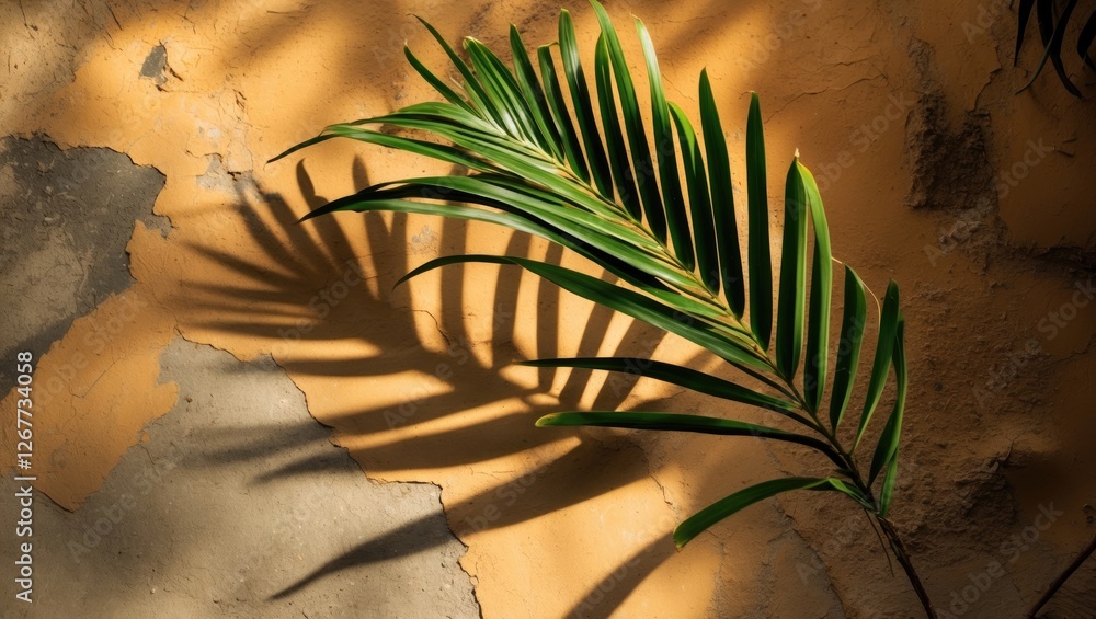 Poster green palm leaf casting shadows on textured orange wall during daylight creating a natural abstract 