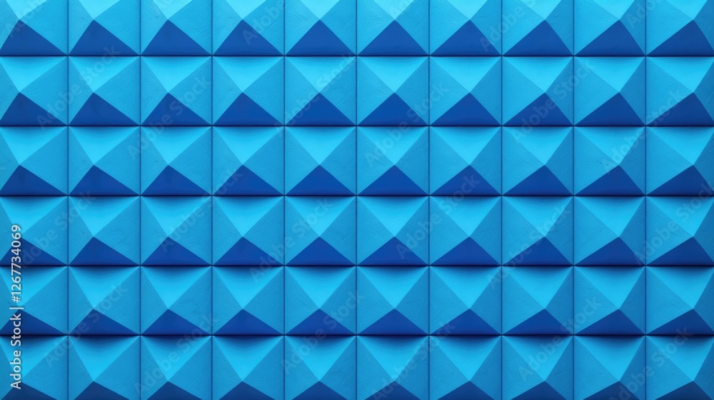 Poster a textured blue wall featuring a geometric pattern of pyramids, creating a three-dimensional visual 