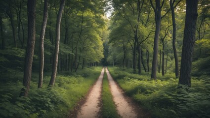 Fototapeta premium Road through a dense forest with lush green trees on both sides on a sunny day with visible dirt path and foliage Copy Space