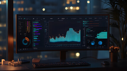 modern office with large curved monitor displaying data analytics and graphs, showcasing real time e commerce growth metrics in dimly lit room