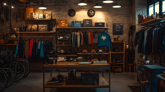 stylish boutique showcases variety of vintage clothing and accessories, with neatly arranged shelves and racks under warm lighting, creating cozy atmosphere - Powered by Adobe