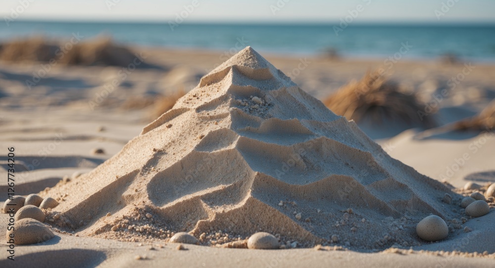 Poster sand pyramid shaped mound on beach close up with ocean in background and soft shadows copy space