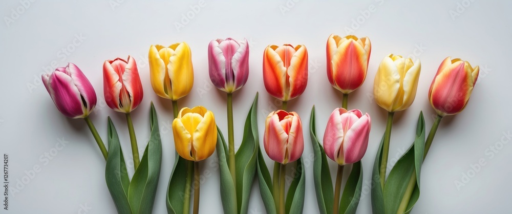 Poster colorful arrangement of fresh tulips in various shades on a light background with copy space for tex