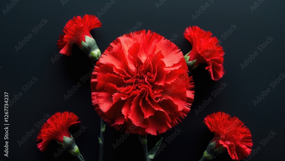 Poster red carnations arranged on a dark background with copy space for text or design elements