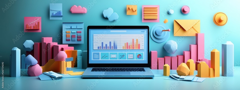 Poster vibrant workspace scene with colorful graphs and 3d illustrations set against a light blue backgroun