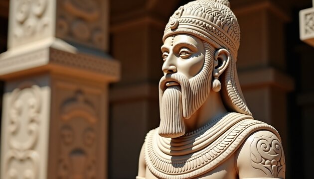 Sacred Indus Valley priest-king statue with powerful and grand presence featuring detailed carving and elaborate headdress and robe