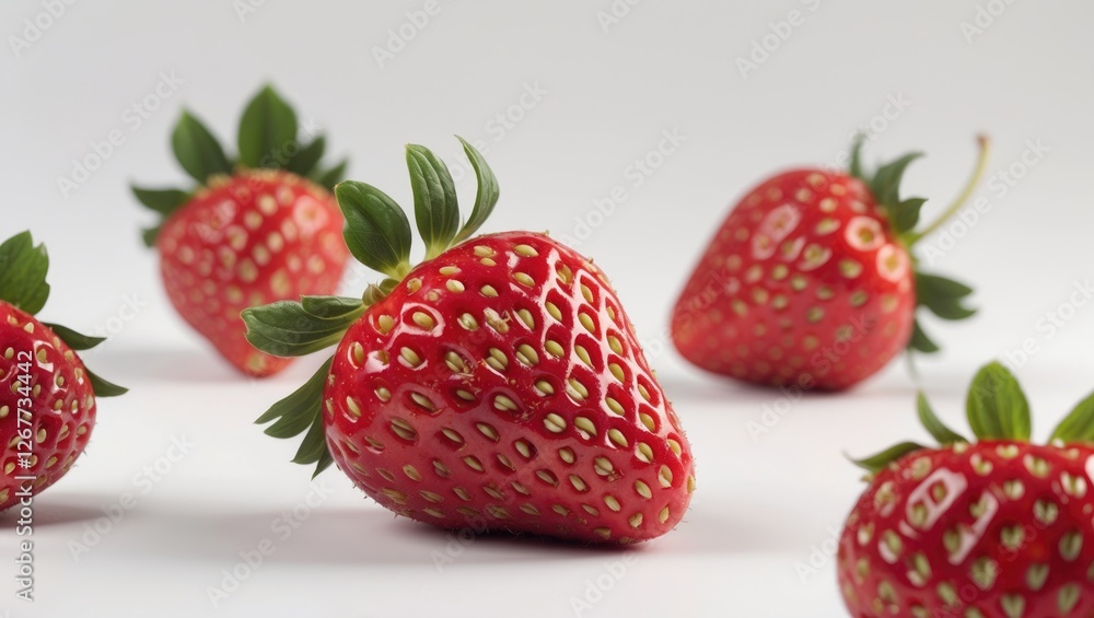 Poster fresh ripe strawberries positioned on a light background with some in focus and others slightly blur