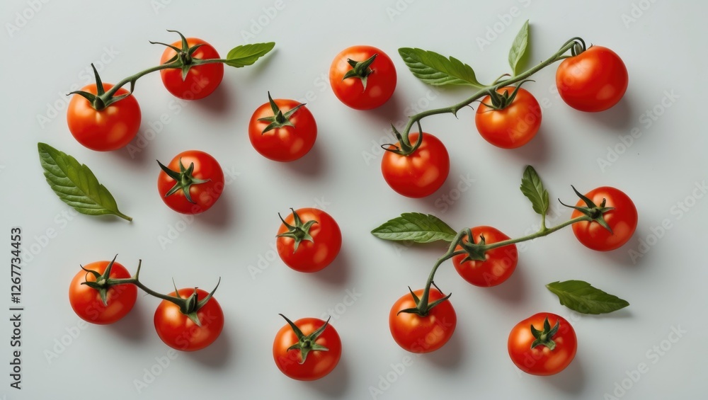 Aufkleber fresh red tomatoes with green leaves arranged on a light surface with ample copy space for text