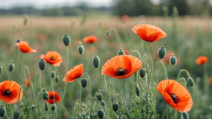 Fototapeta premium Vibrant red poppy flowers blooming in a green field with soft focus background and blurred landscape Copy Space