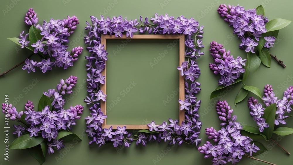 Poster purple lilacs surrounding a wooden frame on a green background with ample copy space for text inclus