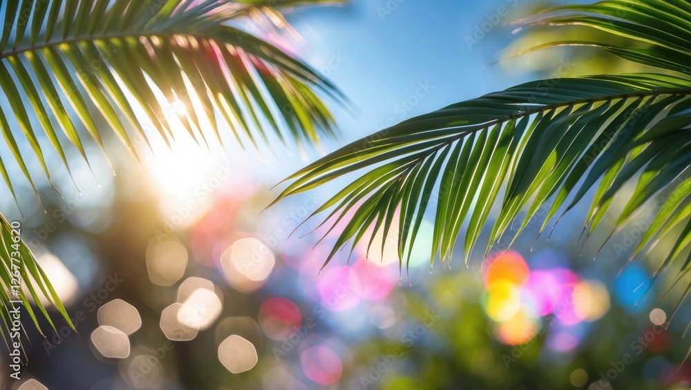 Poster close-up of palm leaves with blurred colorful bokeh background and sunlight creating natural atmosph