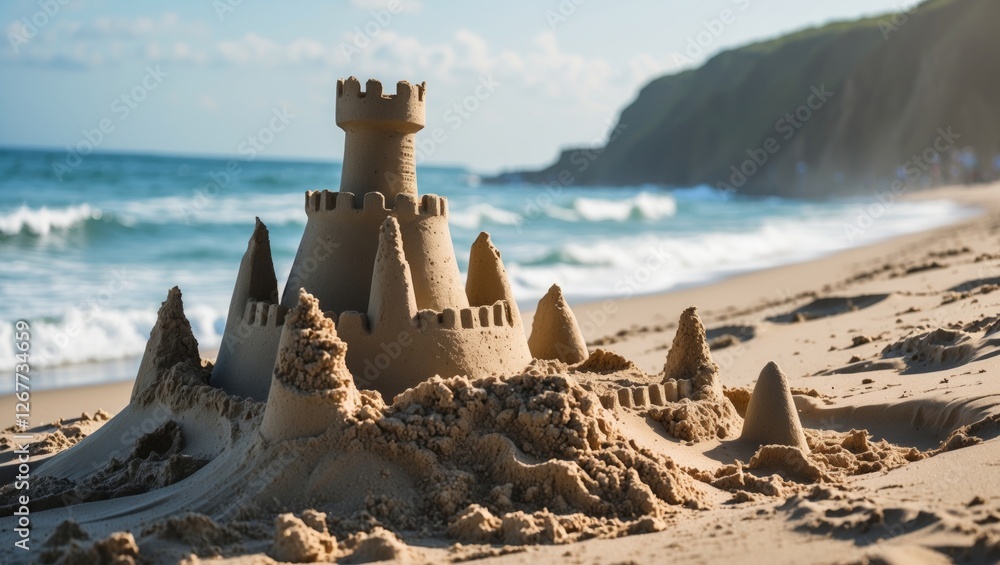 Poster sandcastle on a beach with ocean waves and cliffs in the background sunny day with copy space for te