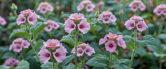 Pink flowers with yellow centers blooming in a lush green garden background, focused floral composition with Copy Space.