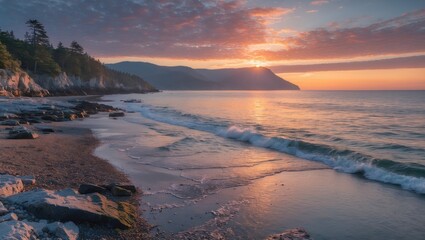 Obraz premium Beach landscape at sunset with gentle waves and rocky shoreline illuminated by warm light, peaceful coastal scenery with mountains in background