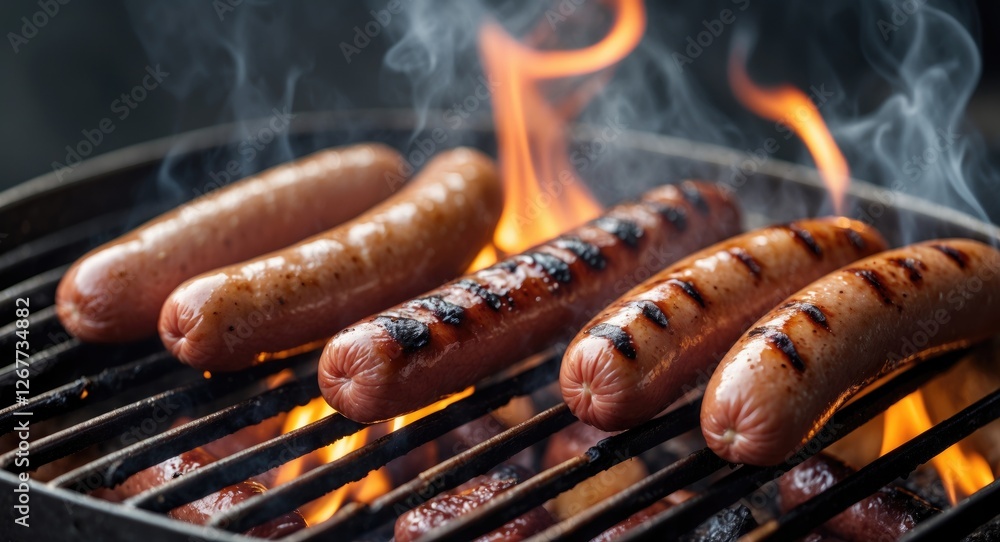 Aufkleber grilled sausages on barbecue grill with smoke and flames background displaying cooked texture and co