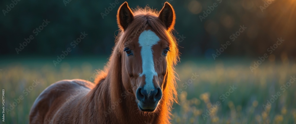 Poster close-up portrait of a chestnut horse in a meadow during golden hour with soft bokeh background and 