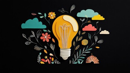 Bright Yellow Light Bulb Surrounded by Colorful Flowers and Clouds