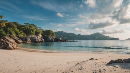 Obraz premium Secluded tropical beach with calm waters, rocky formations, and distant mountains under a partly cloudy sky, Copy Space