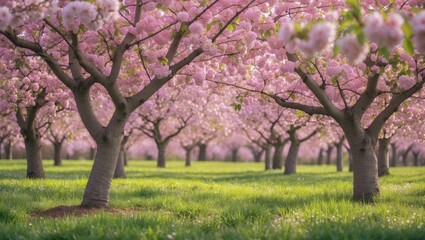 Blossoming cherry trees in spring season with vibrant pink flowers and green grass in a tranquil orchard landscape Copy Space
