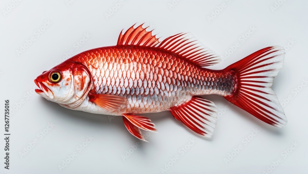 Poster red goldfish with distinctive fins and scales on a plain white background copy space