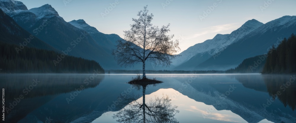 Poster lonely tree reflected in calm lake surrounded by mountains at dawn with mist creating a serene lands