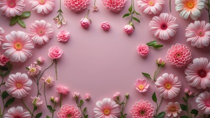 Obraz premium Soft pink floral arrangement with various flower types on a pastel pink background with copy space for text