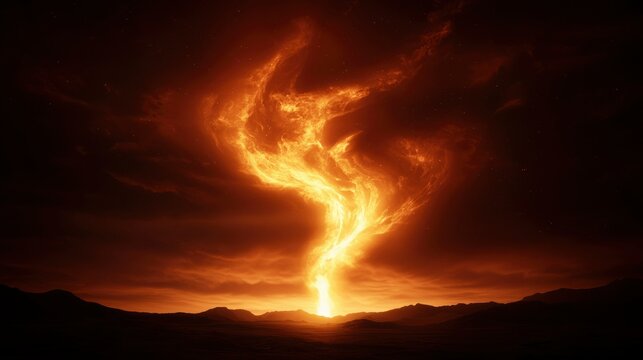 Fiery cloud swirls from land, rising to sky above hills. Used for dramatic imagery