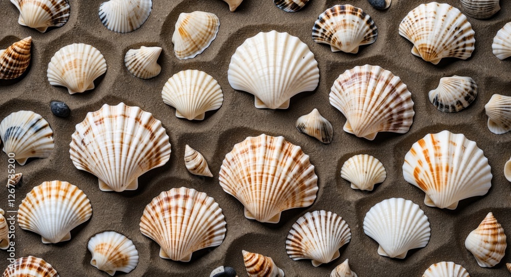 Poster seashells of various sizes and colors arranged on sandy beach background with textured details and n