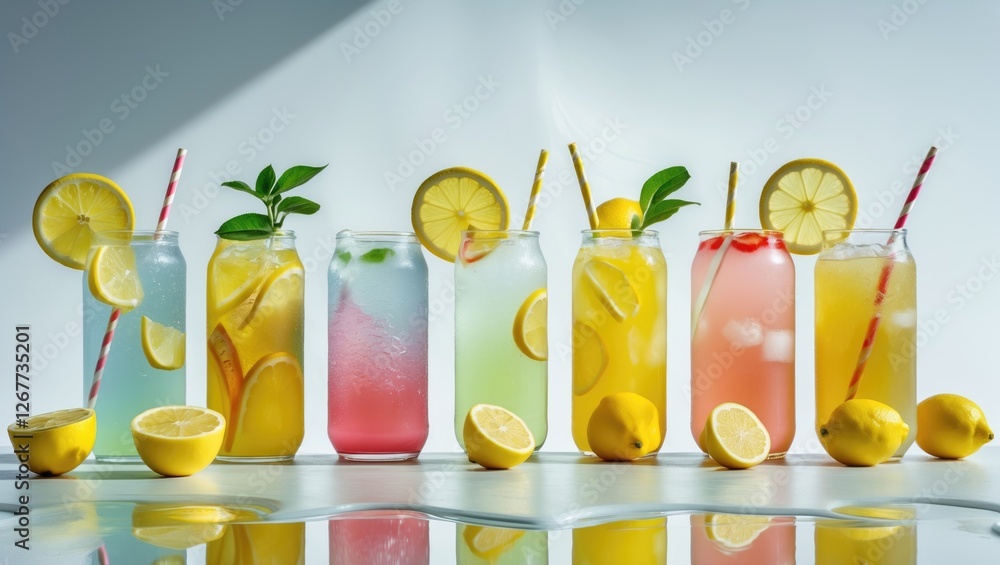 Poster assorted colorful lemonade drinks in glass bottles with fresh lemons on table with copy space