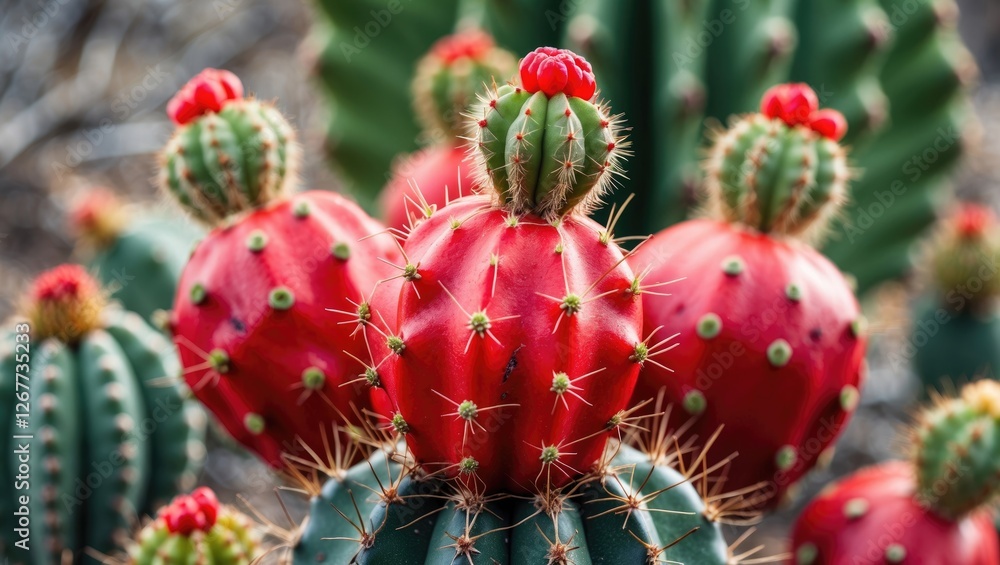 Aufkleber colorful cacti with red fruit and green spines in natural environment macro shot of cacti with copy 