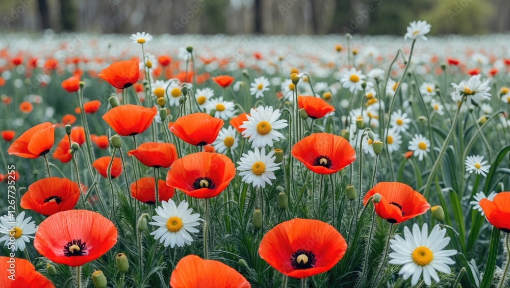 Poster vibrant field of red poppies and white daisies in bloom with blurred background and natural light su