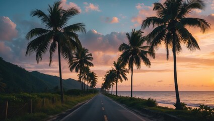 Scenic coastal road lined with palm trees during sunset with vibrant clouds and ocean waves in the background Copy Space
