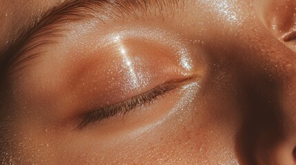 Close-up of a person's eye. the eye is closed and the eyelashes are slightly curled. the skin around the eye appears to be fair and shiny. the person's nose is visible on the right side of the image.