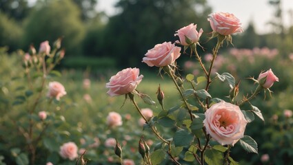 Obraz premium Pink roses blooming in a garden during daylight with green foliage and blurred background providing ample Copy Space for text